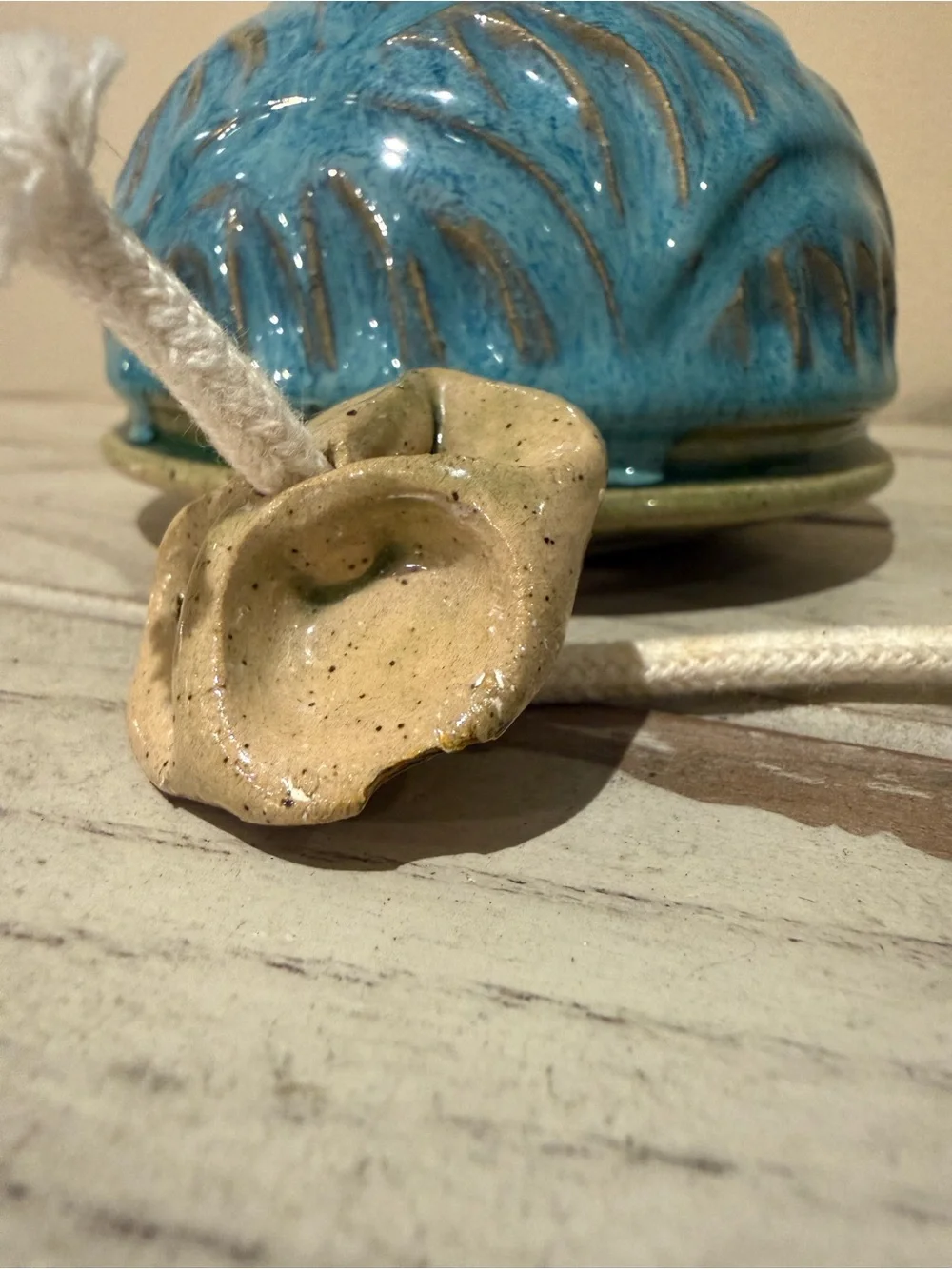 Artisan Studio Pottery Ceramic Oil Lamp Blue Palm Leaf Carved Signed PS.119